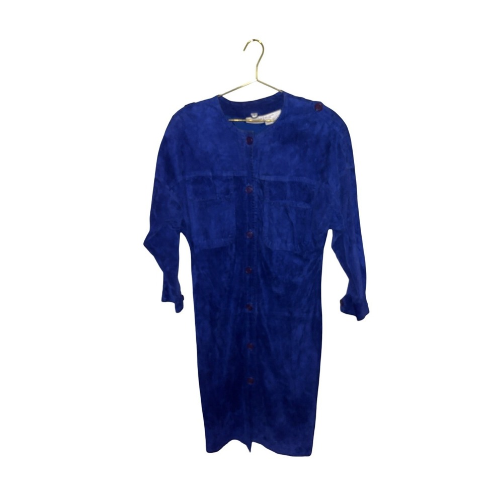 Vintage Pia Rucci Royal Blue Suede Leather Button Down Midi Shirt Dress Womens 6 - Picture 3 of 4